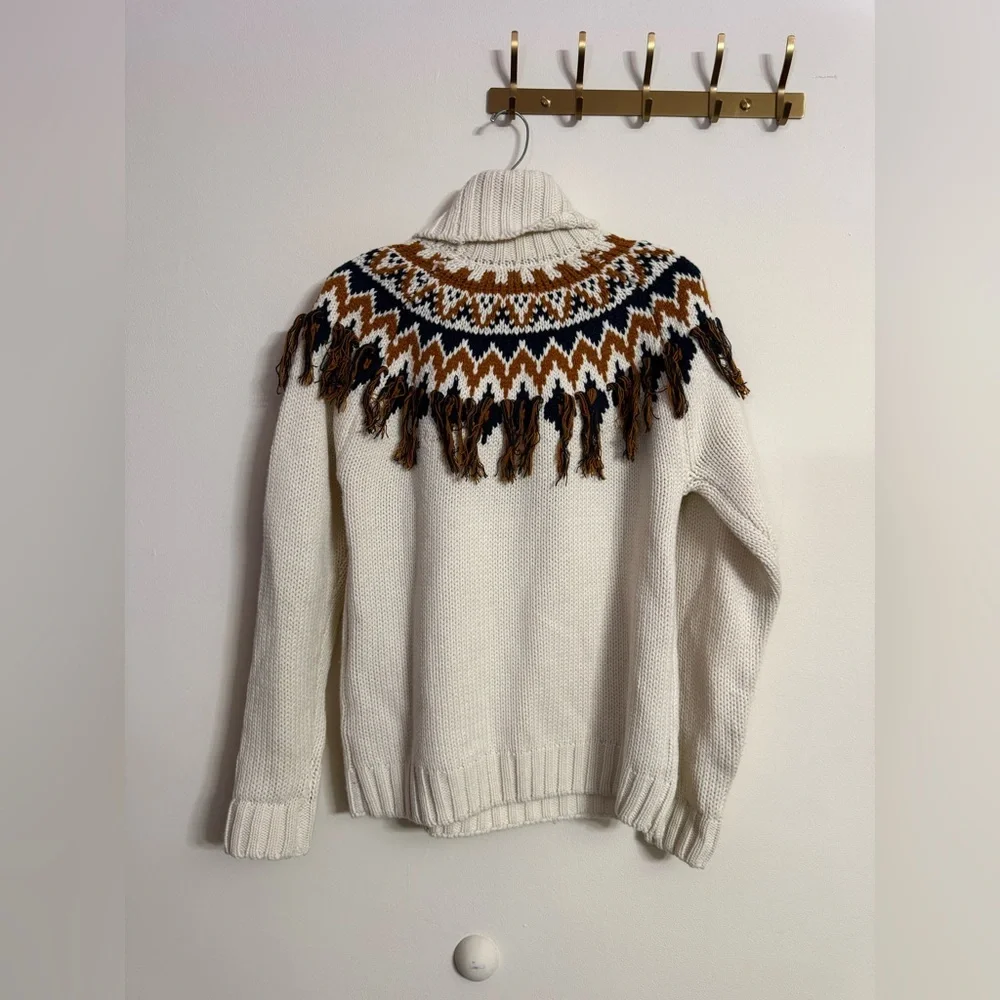 Forever 21 Cream Navy Blue Nordic Boho Fair Isle Fringe Sweater Women’s Sz M - Picture 8 of 8